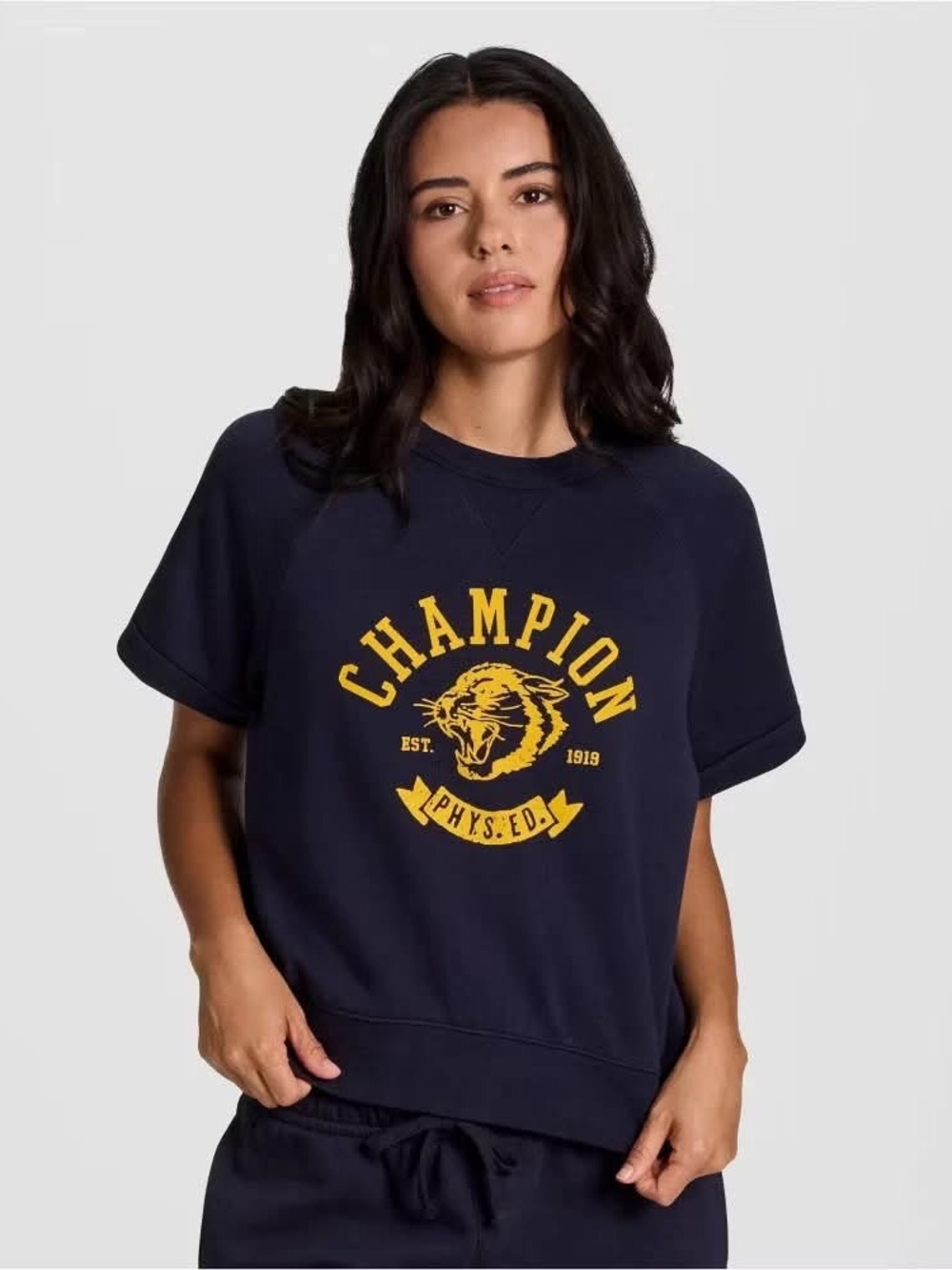 Champion Rec Center Cropped Raglan Sweatshirt Pullover Navy